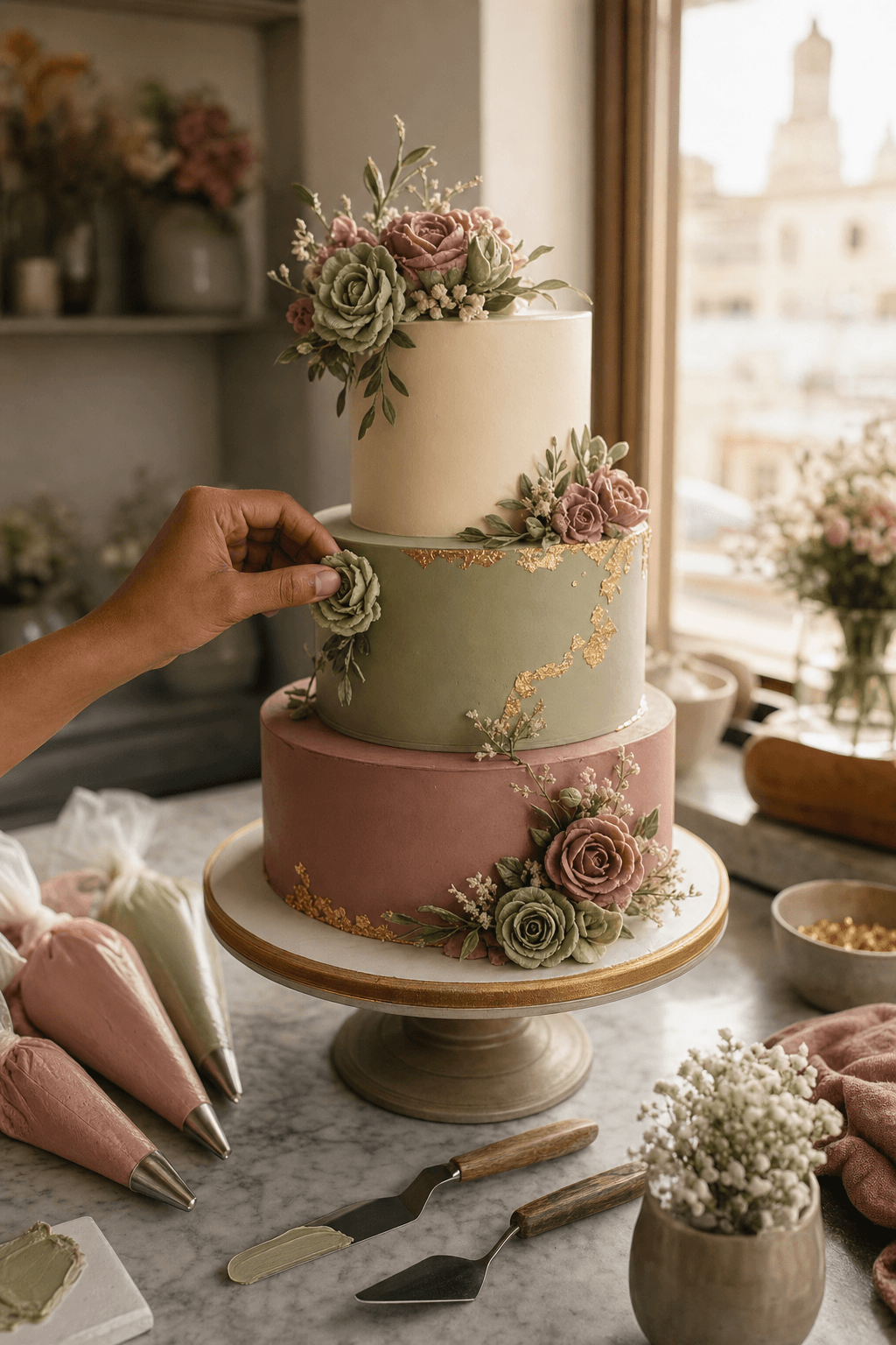 Hand placing a delicate sage and dusty rose buttercream flower onto a luxury multi-tiered eggless cake in warm afternoon studio light
