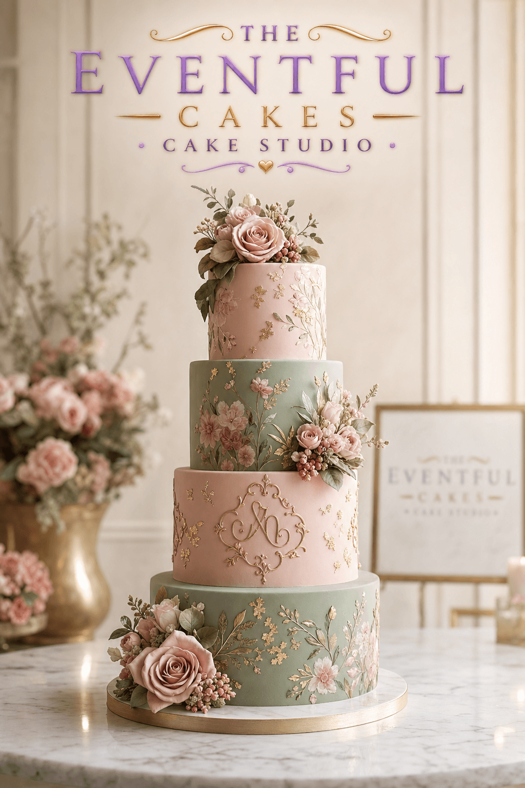 Elegant handcrafted eggless wedding cake in dusty rose and sage green tones
