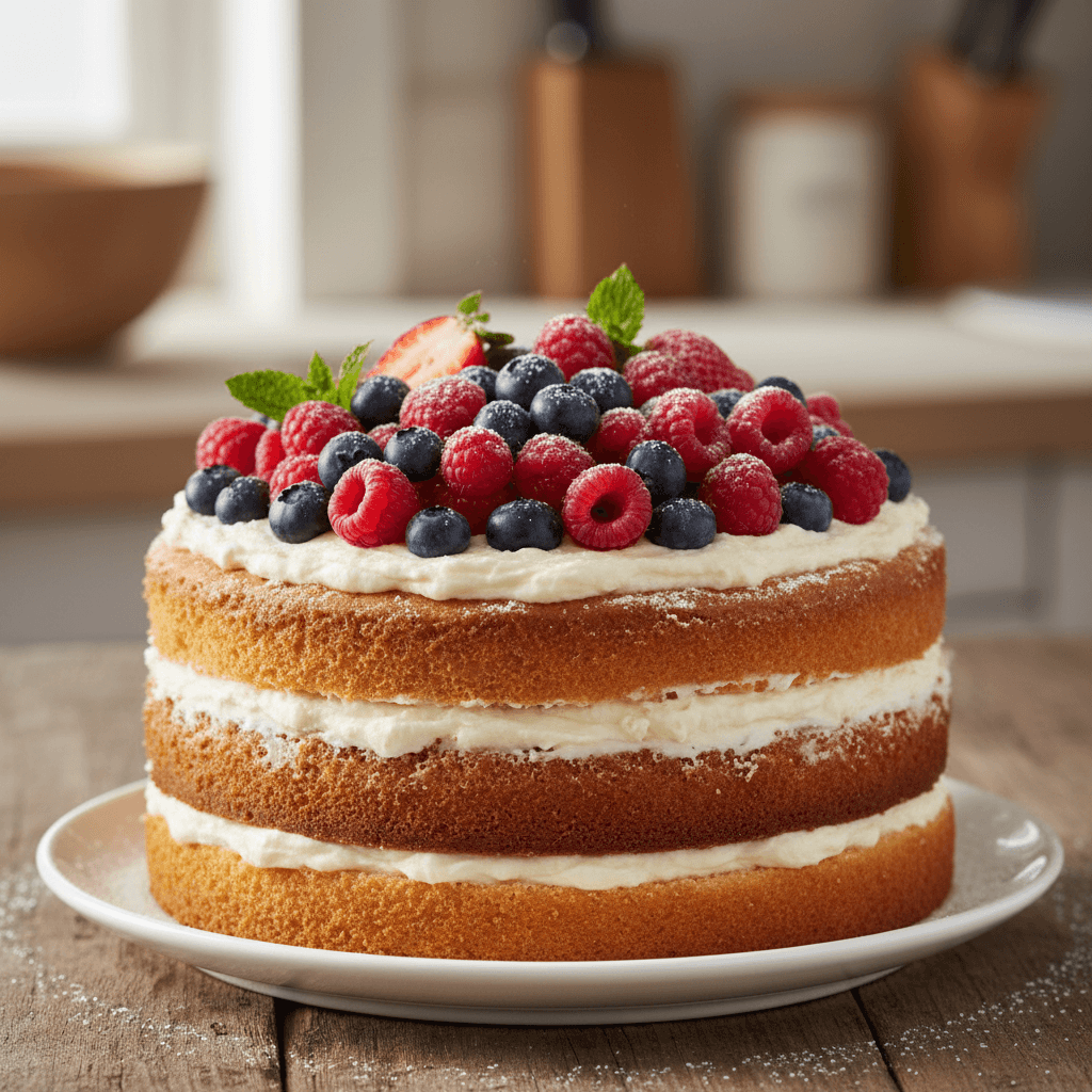 Semi-naked cake with exposed layers and fresh berries