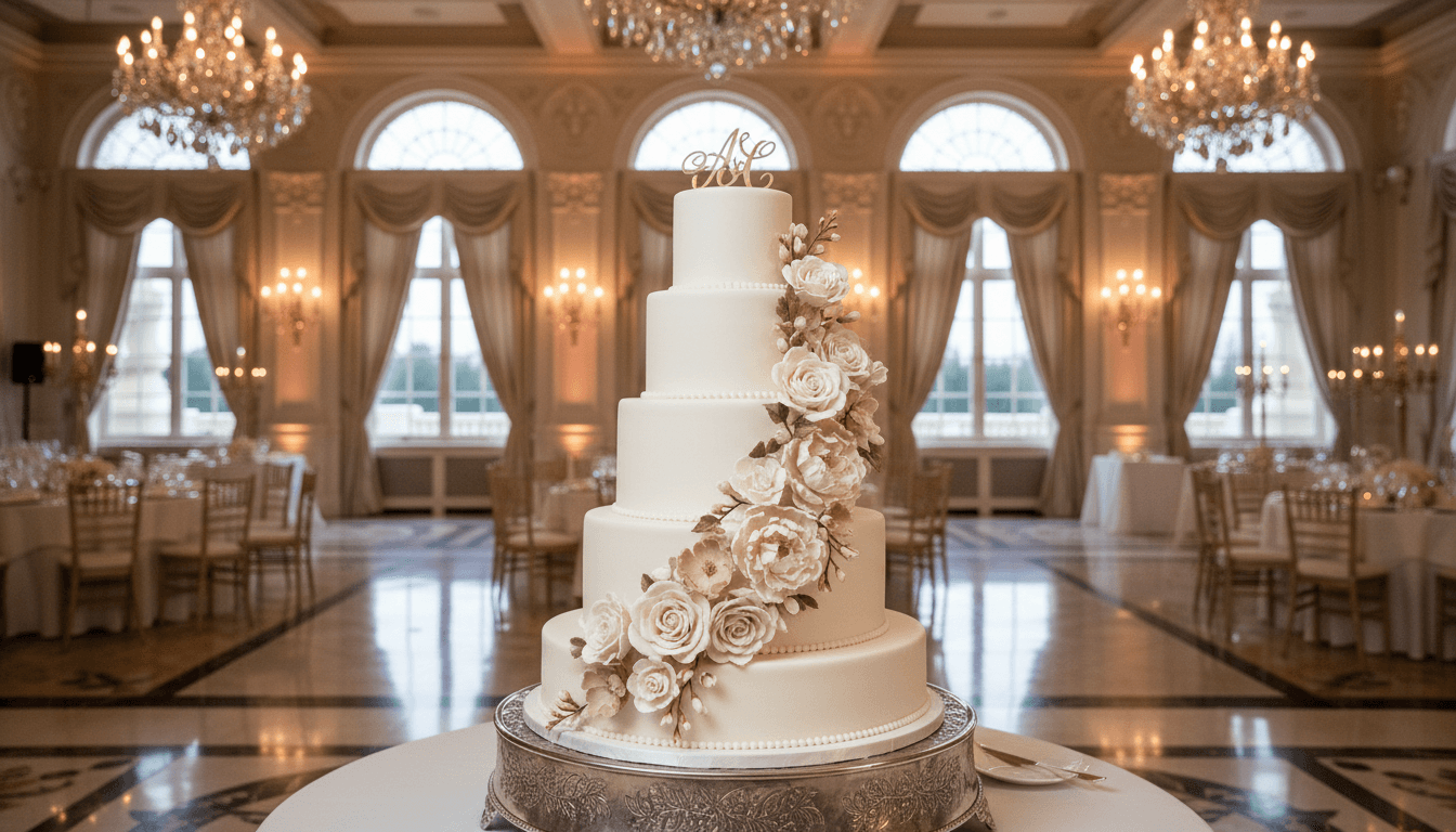 Elegant multi-tier white wedding cake with fresh flowers