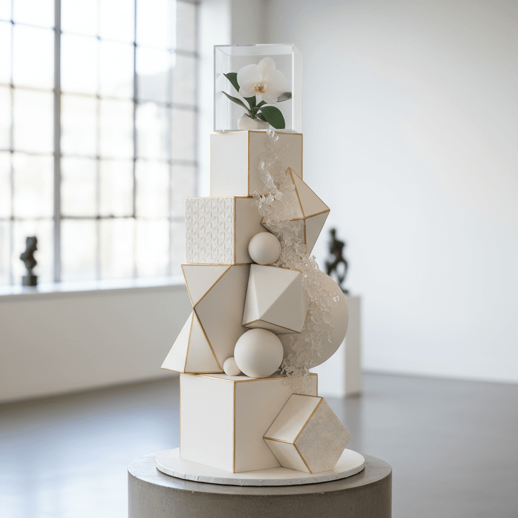 Modern sculptural wedding cake with geometric shapes