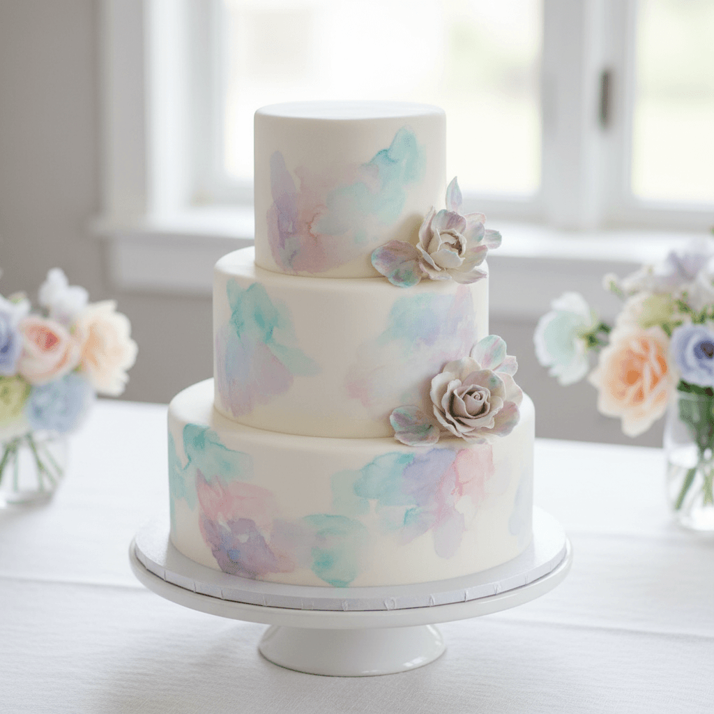 White wedding cake with watercolor brushstroke design