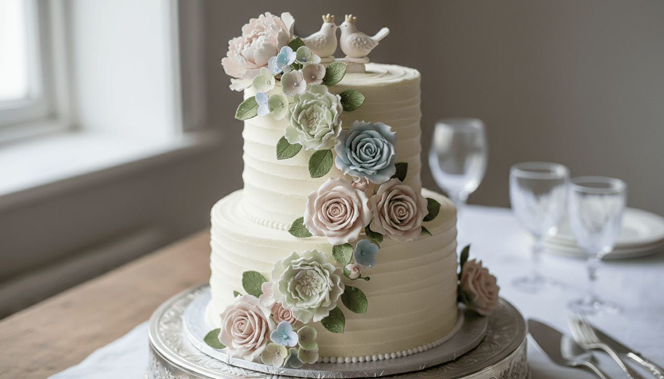 Close-up of delicate sugar flowers on a wedding cake