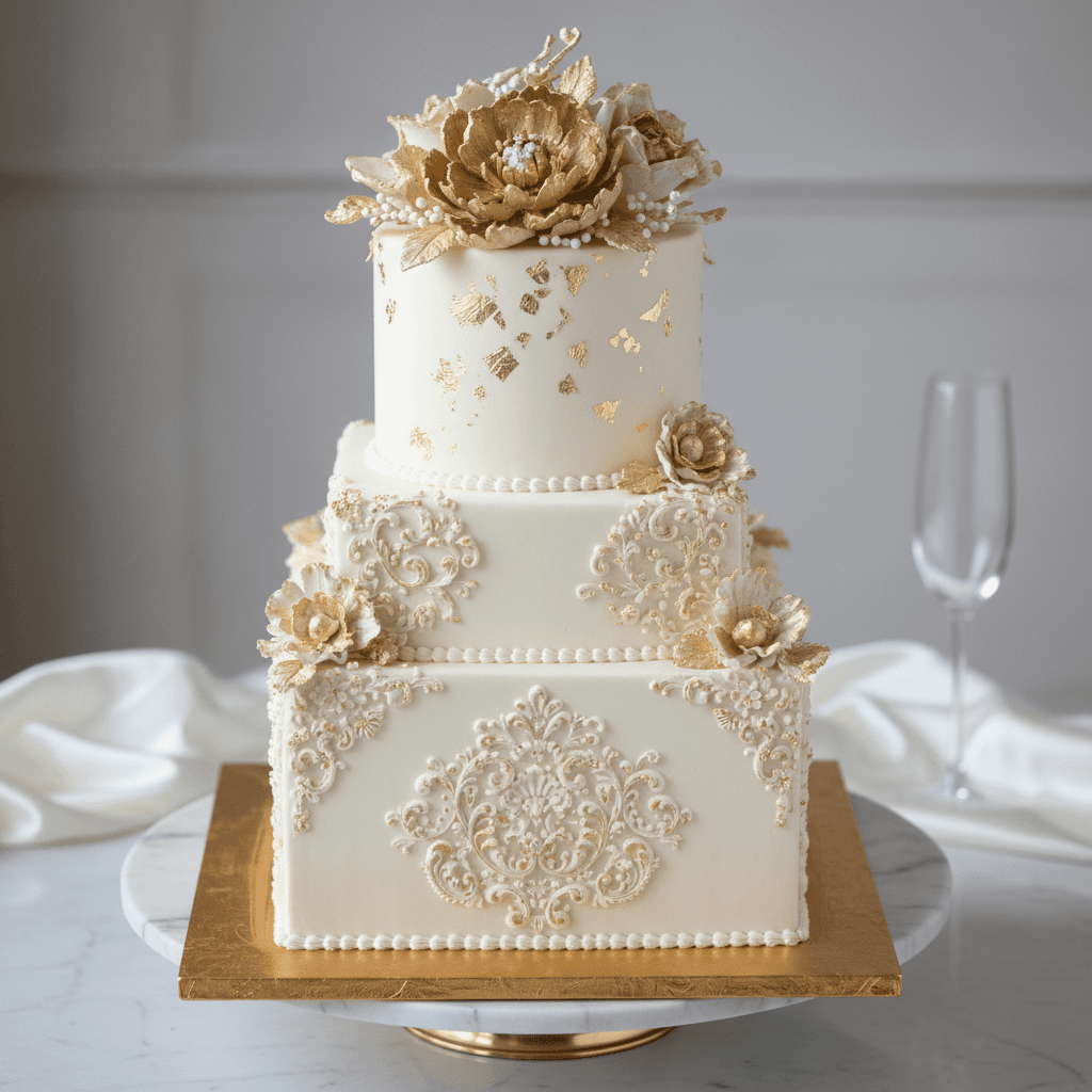 White cake decorated with ornate gold piping and gold leaf