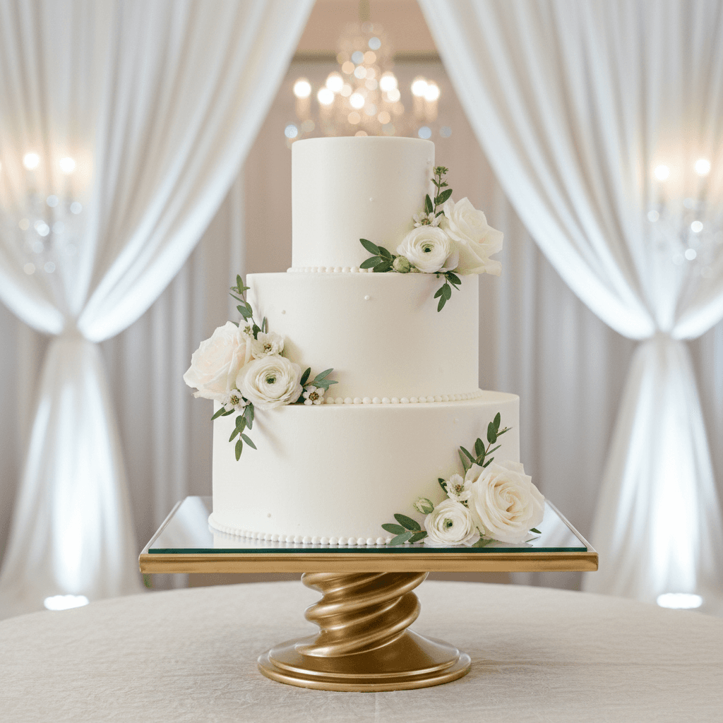 Three-tier wedding cake with fresh flowers and elegant white buttercream design