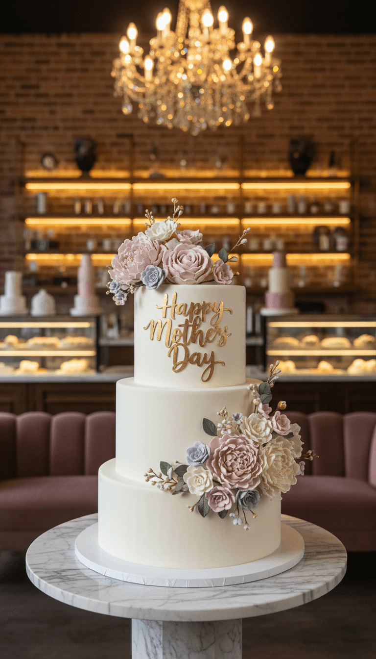 Handcrafted Mother's Day cake with elegant design and fresh flowers