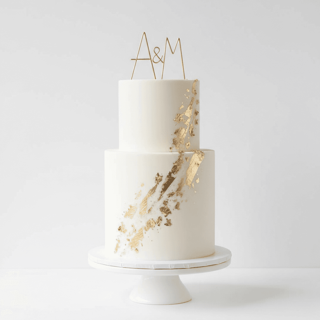 Minimalist white wedding cake with a gold accent