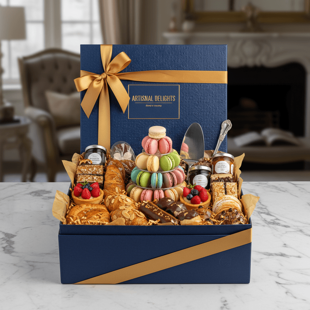 Premium dessert hamper gift box with assorted gourmet eggless pastries and elegant packaging
