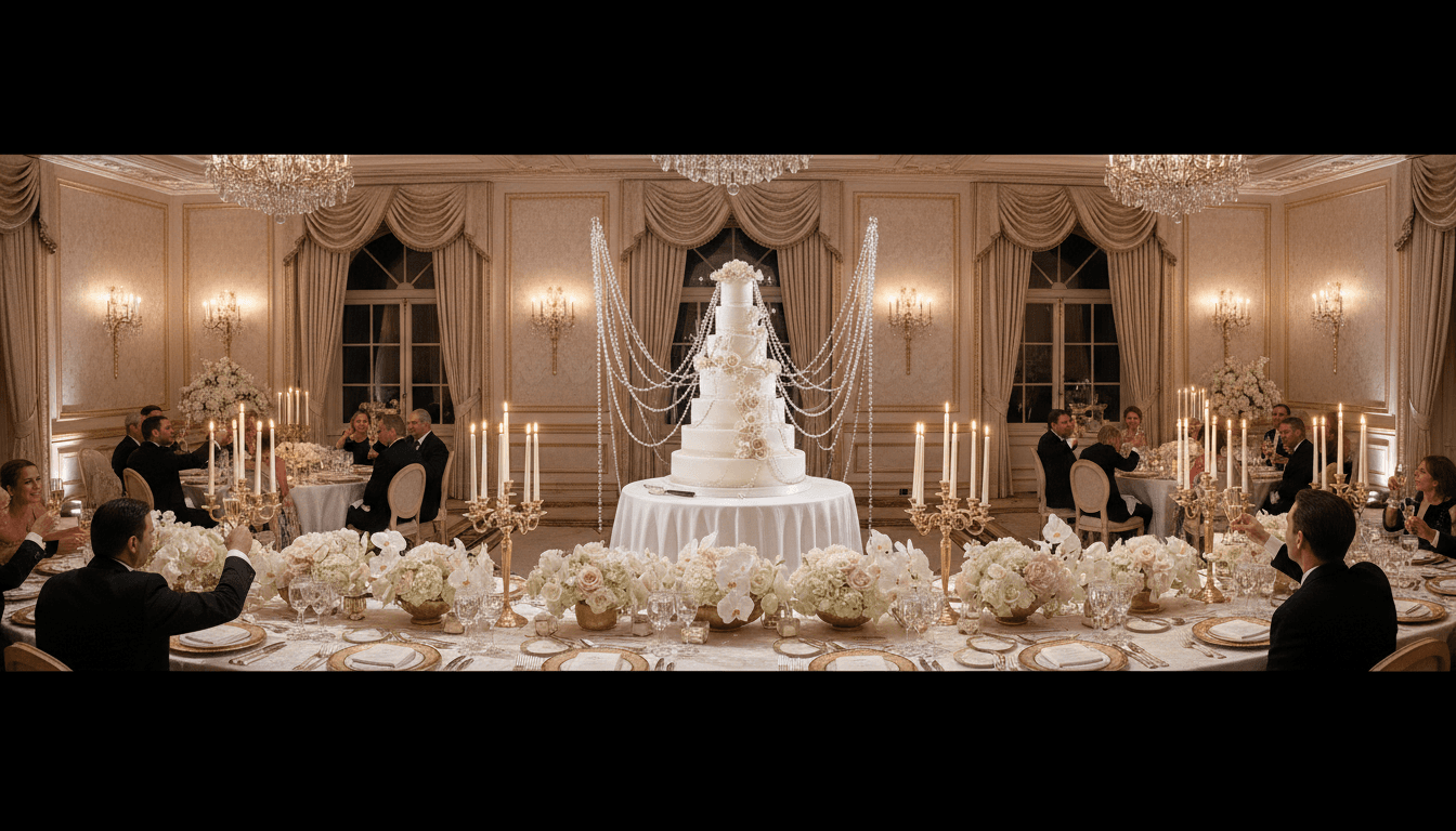 Luxury wedding reception with tall elegant cake
