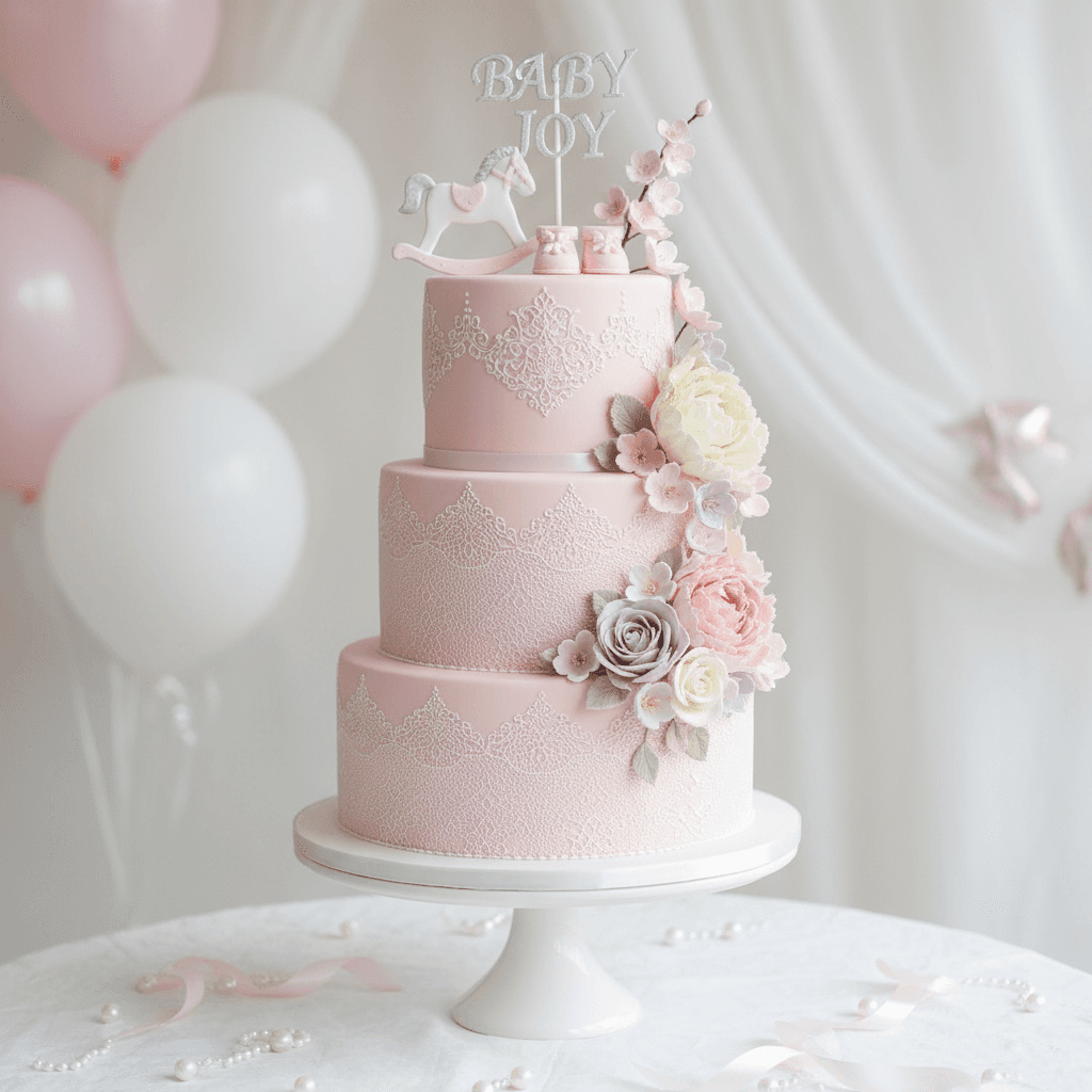 Baby shower cake in soft pastel pink with delicate sugar flower decorations
