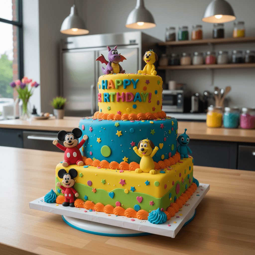 Kids theme cake with cartoon characters and bright colorful fondant decorations