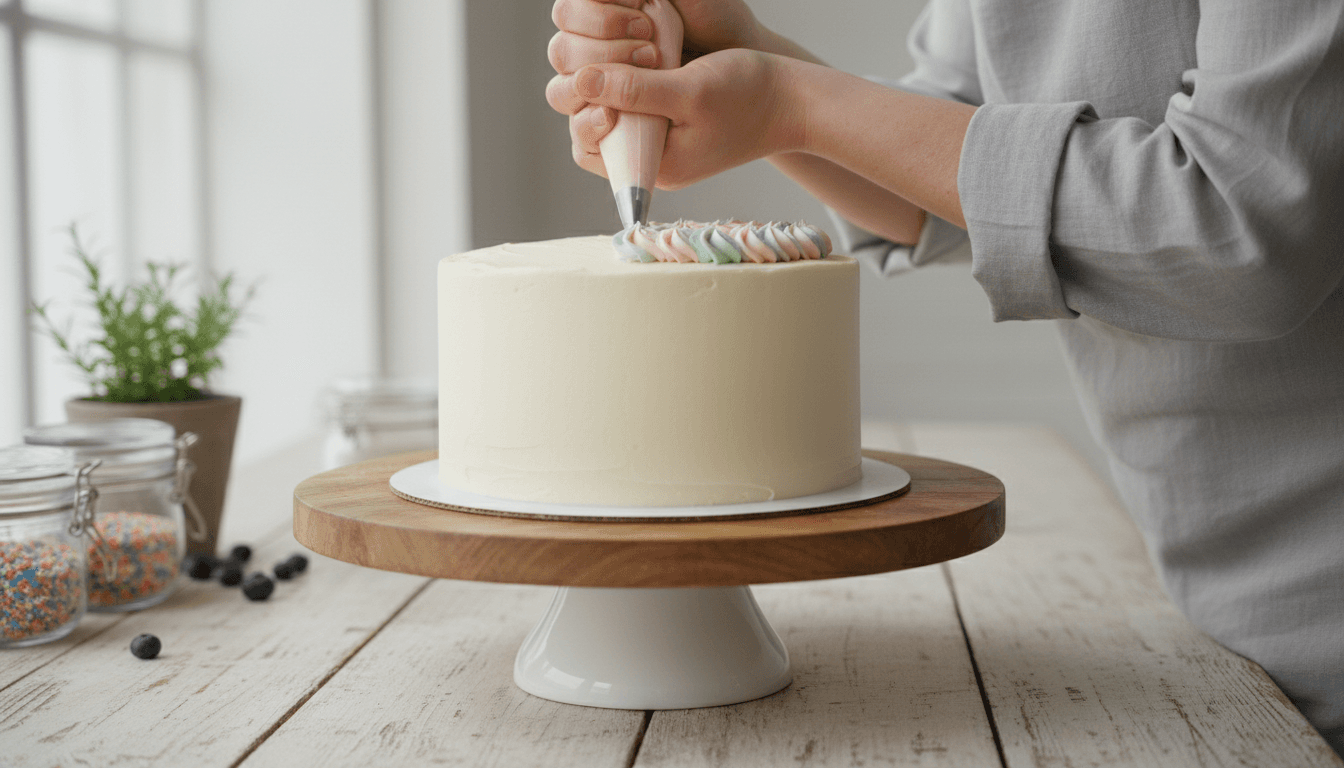 Pastry chef piping buttercream onto a custom cake