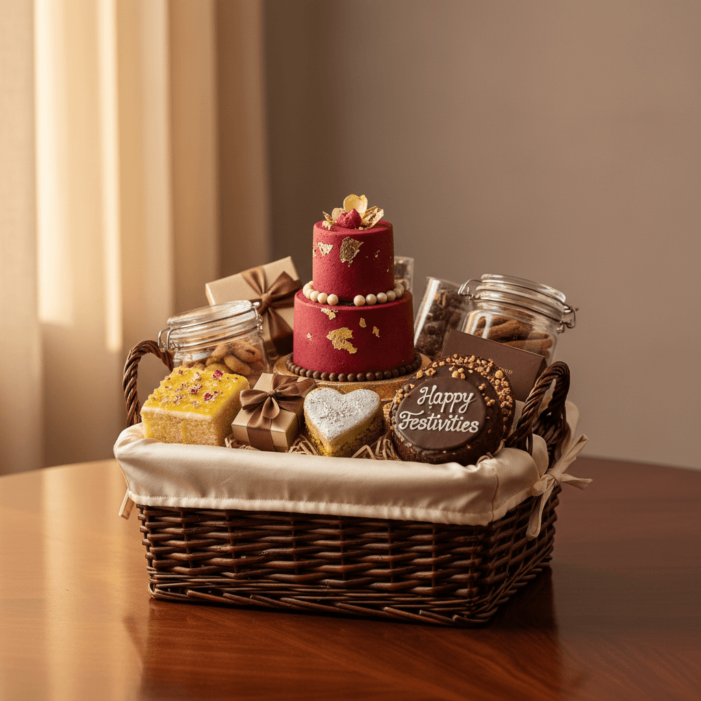 Luxury festival hamper with decorated eggless cakes and gourmet treats, elegantly presented.