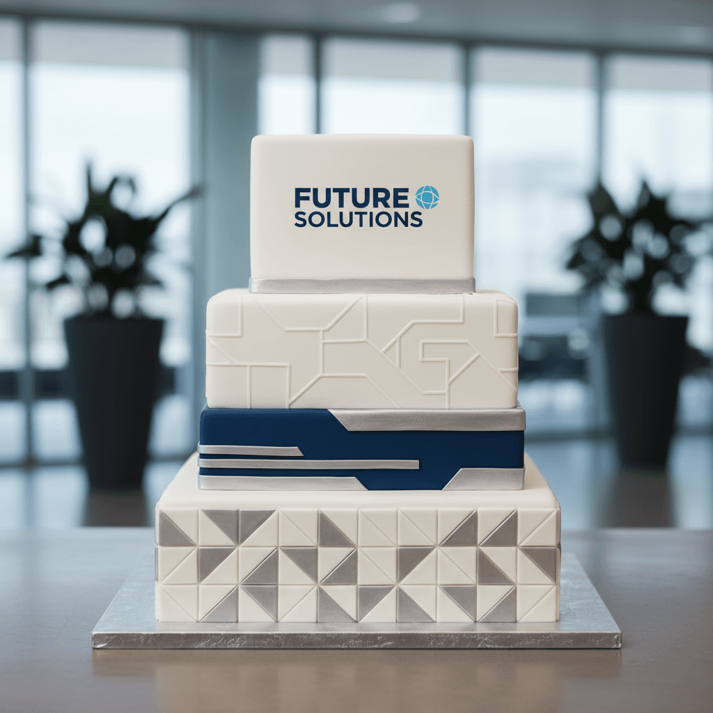 Corporate cake with geometric design and company branding elements