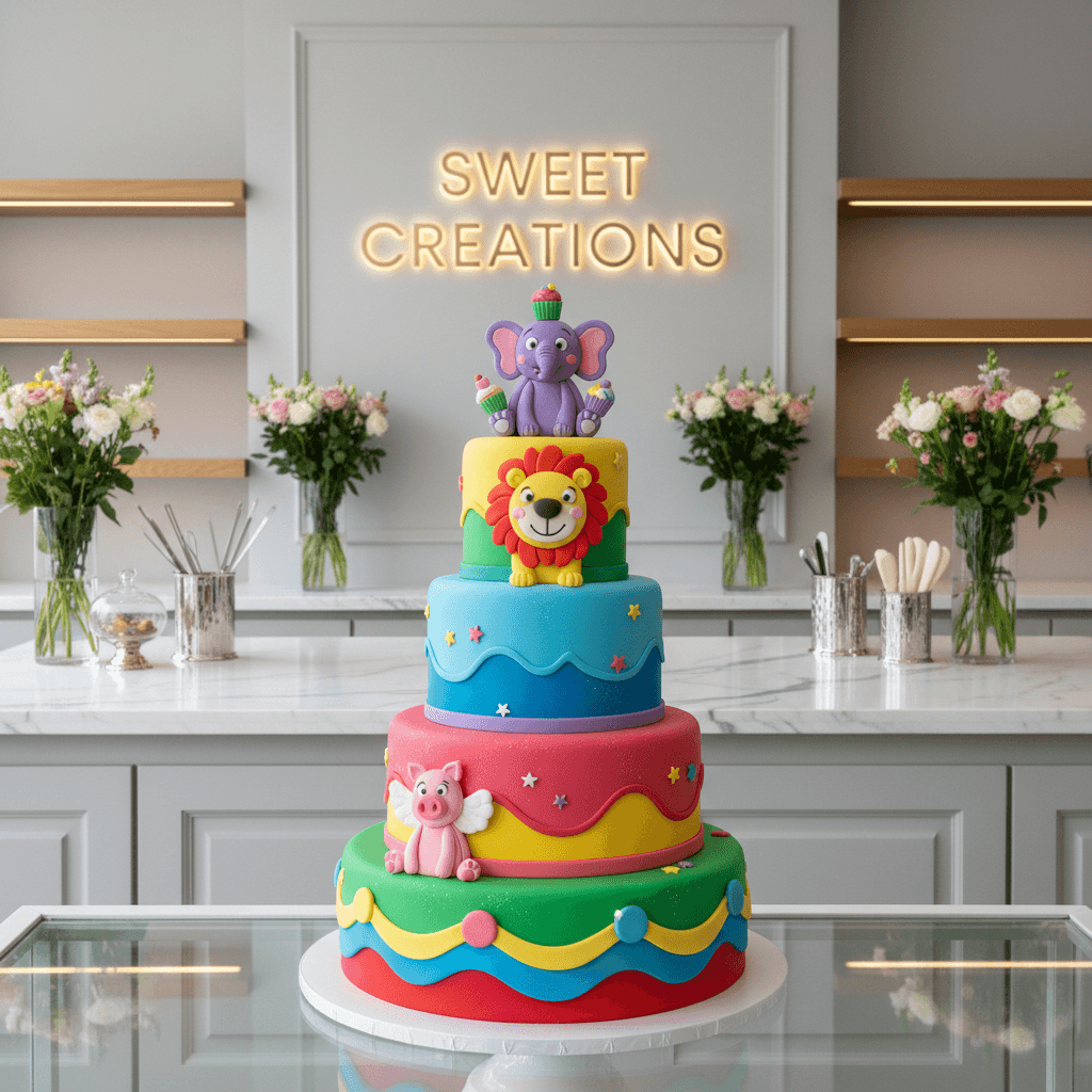 Kids-themed cake with cartoon characters and fondant decorations in a modern cake studio.