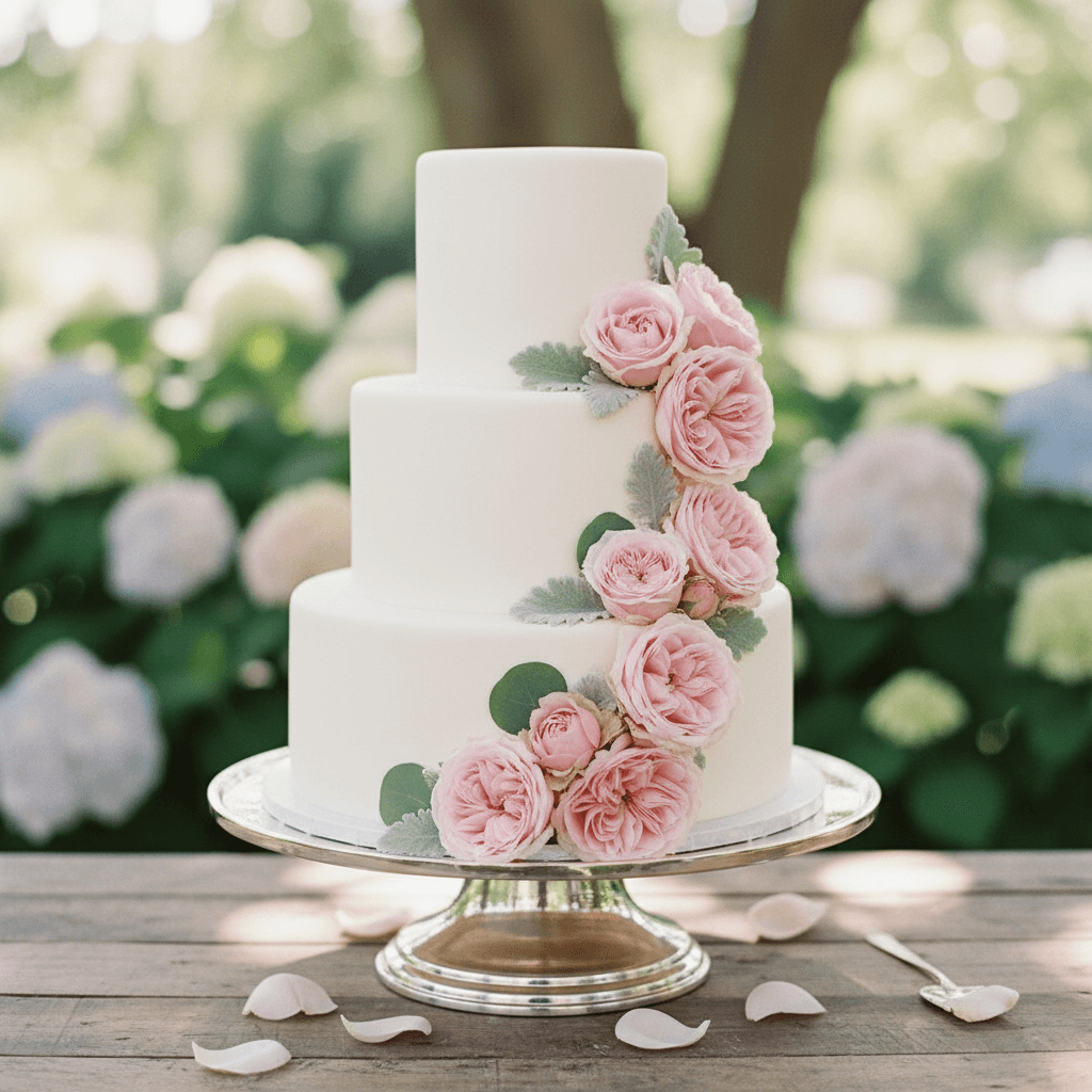Elegant white wedding cake adorned with fresh pink roses