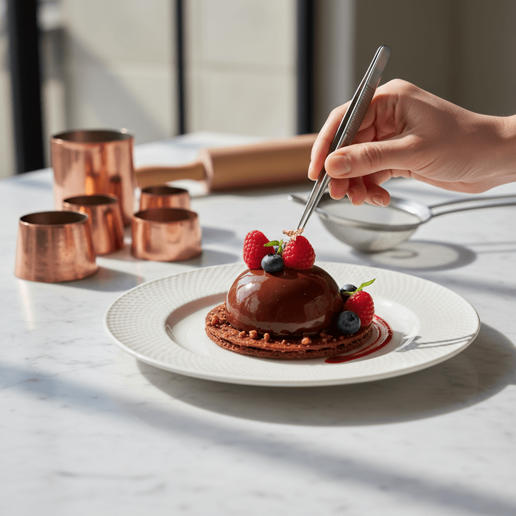 Luxury chocolate mousse dessert with gold leaf and berries