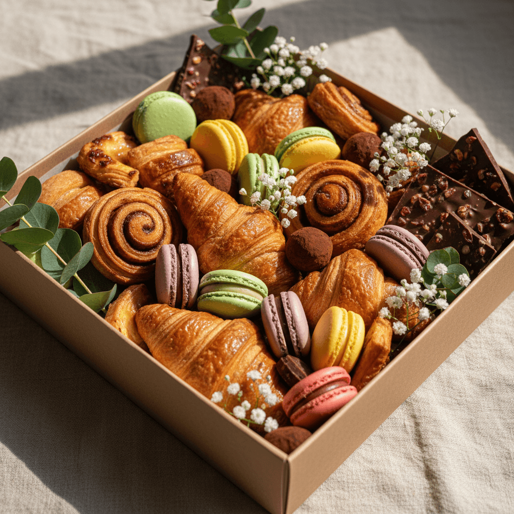 Elegant hamper showcasing assorted eggless desserts and premium treats