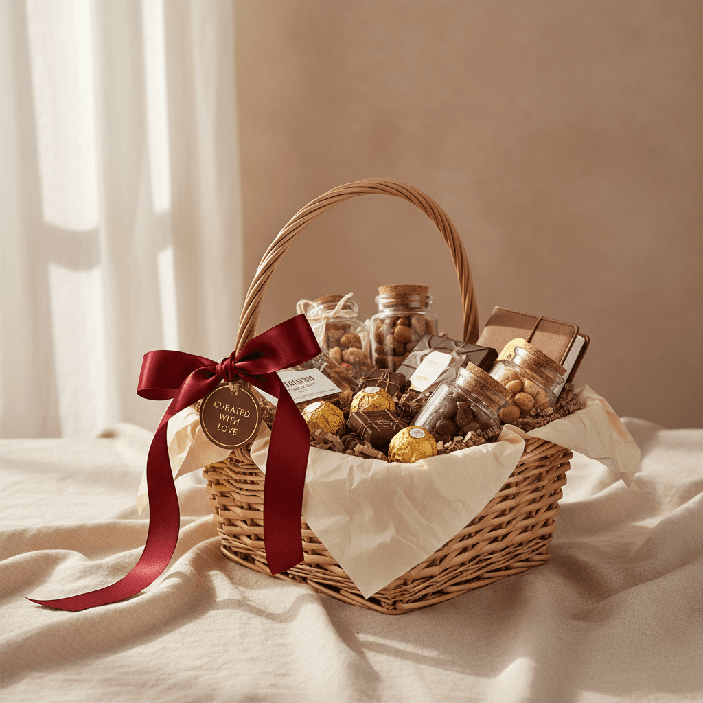 Premium corporate gift hamper with layered eggless cakes and chocolates