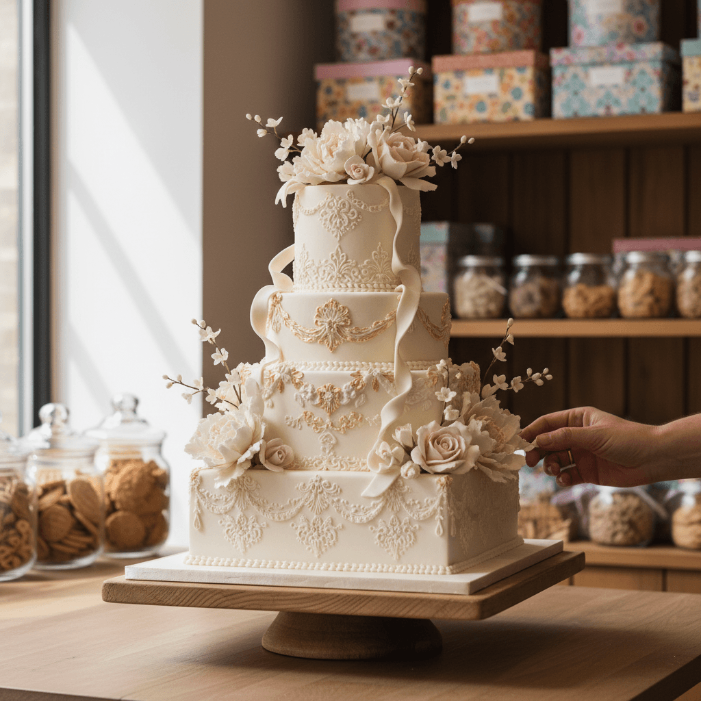 Close-up of elegantly decorated multi-tier custom cake with piping details and sugar flowers, pastry chef's hands visible
