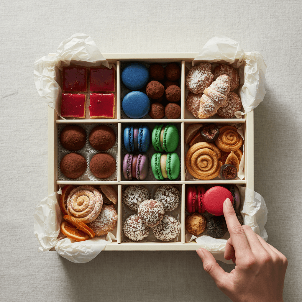 Open hamper showcasing eggless cakes and gourmet assortment