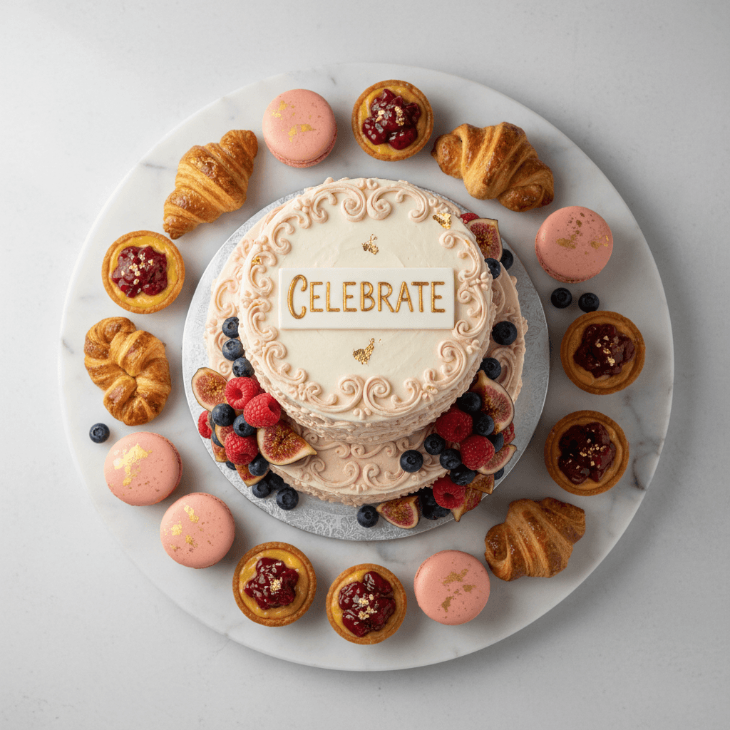 Overhead view of custom decorated cake with intricate frosting patterns, fresh fruit, and edible gold accents surrounded by pastries
