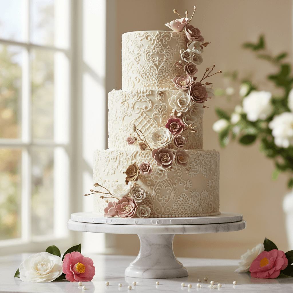 White and pink corporate celebration cake with floral details