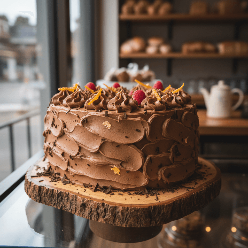 Close-up of freshly frosted chocolate layer cake with buttercream swirls on wooden cake stand in warm bakery lighting