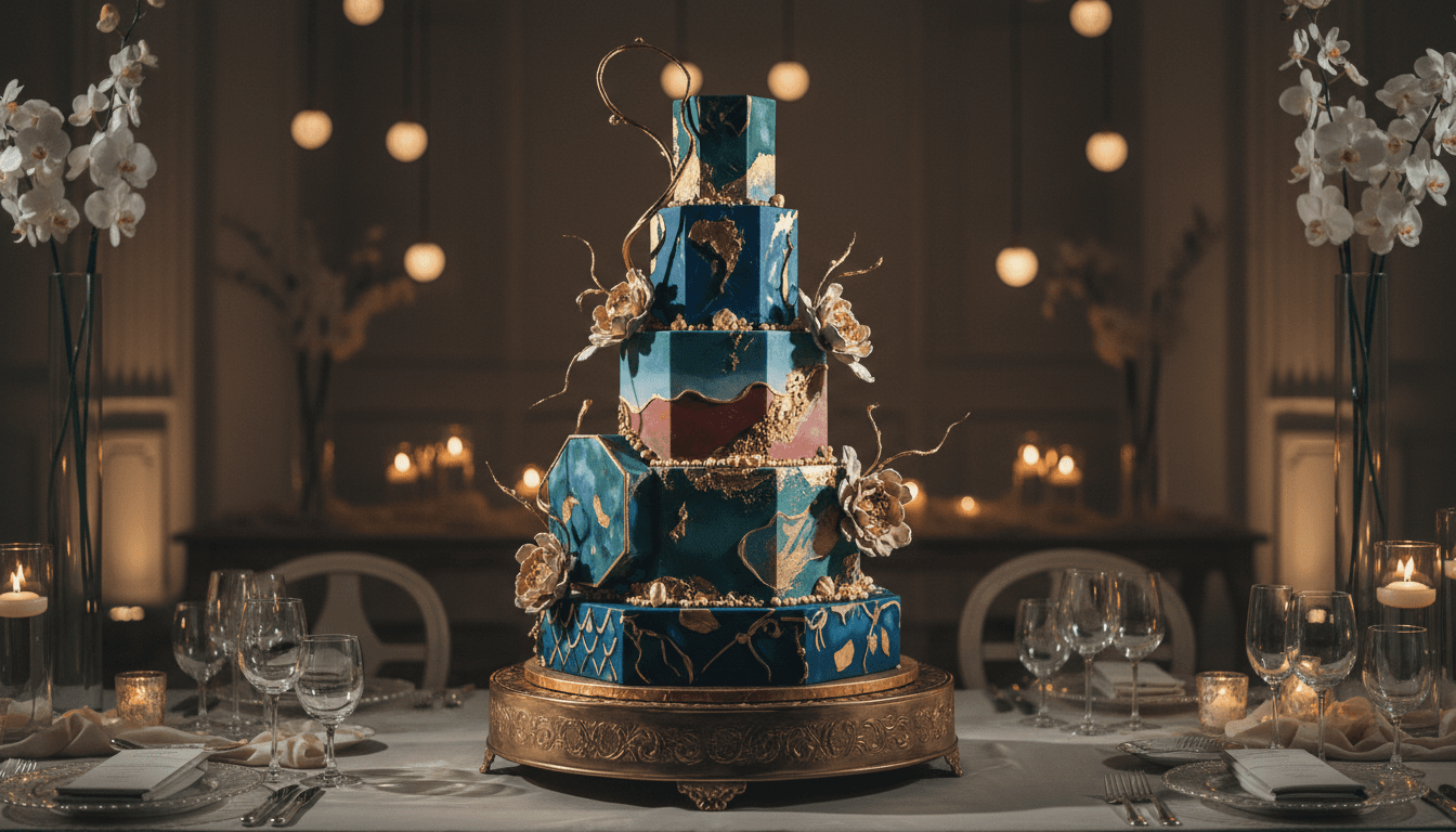 Elegant tiered corporate cake with geometric design