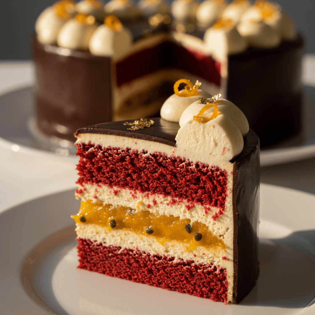 Extreme close-up of a multi-layered cake cross-section, showing distinct frosting and filling layers with professional precision