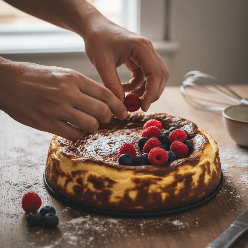 Handcrafted cheesecake with berry compote and floral garnish