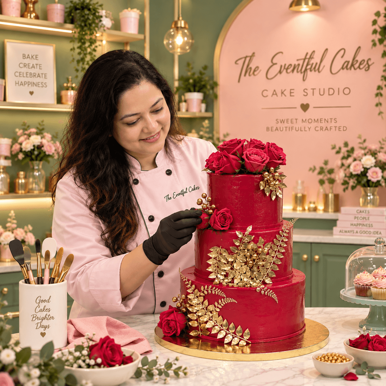 Smiling baker decorating a three-tiered red cake with roses and gold leaf details.