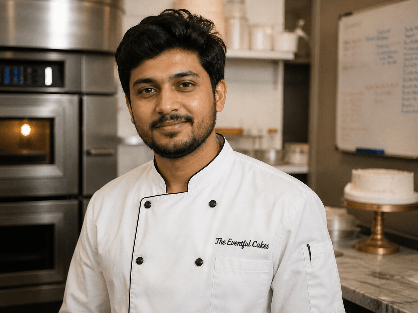 Smiling male chef in a white coat stands in a bakery with ovens and cake.